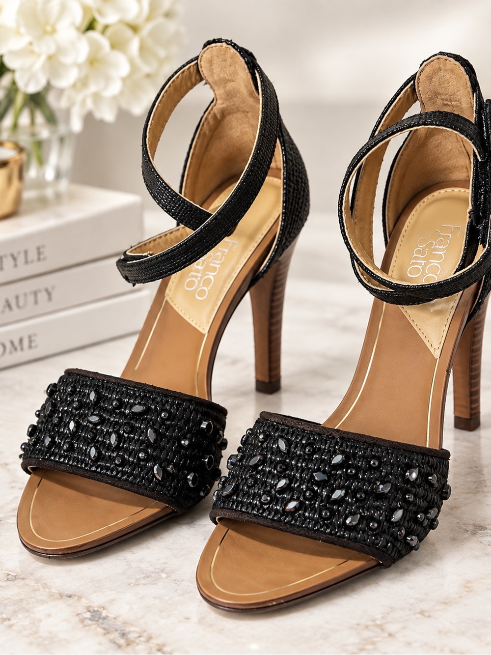 Franco Sarto Eleanor Black Embellished Raffia Ankle Strap Heels Size 5M Luxury
